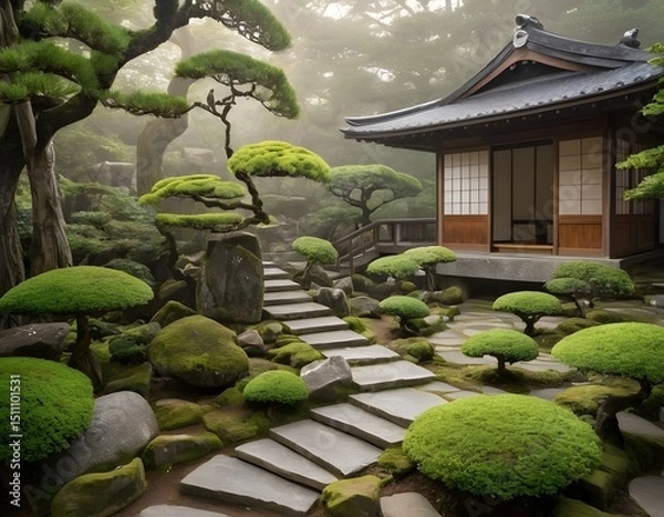 Obraz Traditional Japanese Zen Garden with Wooden House in Tranquil Setting. Ideal for concepts related to meditation, mindfulness