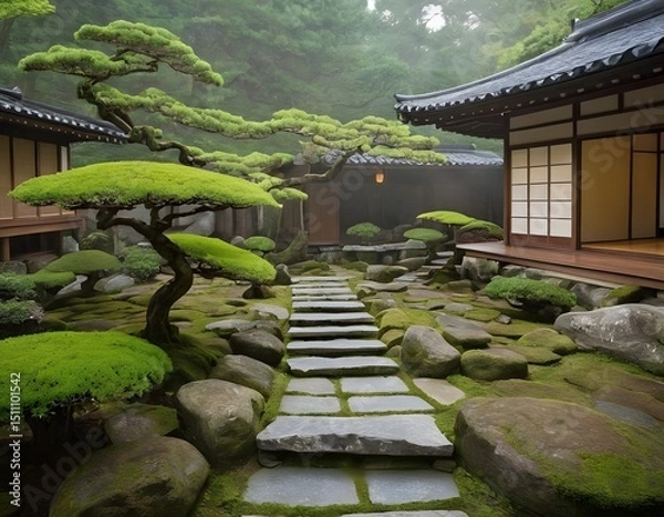 Obraz Traditional Japanese Zen Garden with Wooden House in Tranquil Setting. Ideal for concepts related to meditation, mindfulness