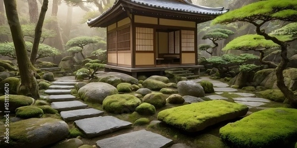 Obraz Traditional Japanese Zen Garden with Wooden House in Tranquil Setting. Ideal for concepts related to meditation, mindfulness