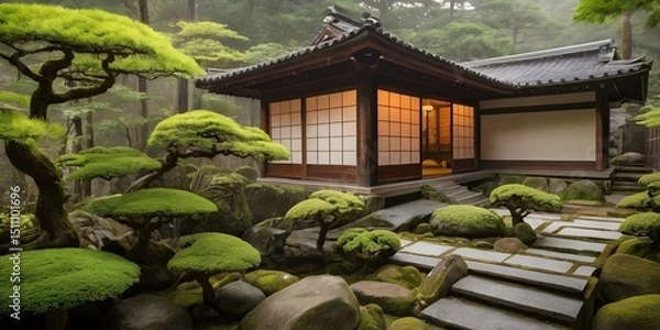 Obraz Traditional Japanese Zen Garden with Wooden House in Tranquil Setting. Ideal for concepts related to meditation, mindfulness