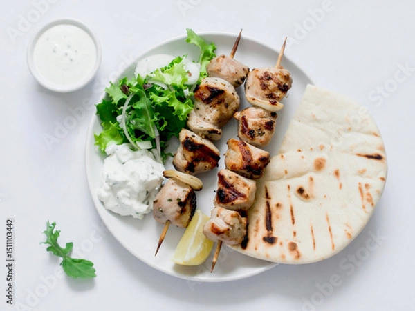 Obraz Juicy chicken kebabs accompanied by a bowl of refreshing tzatziki sauce.
