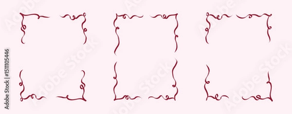 Fototapeta Girly Ribbon Bow frames of hand drawn line art style. Coquette cute birthday borders for Valentine day cards, menu and Wedding invitations templates. Set of Doodle outline vector illustration