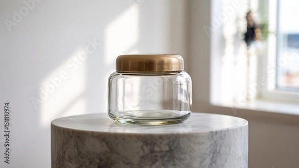 Obraz close up of a clear glass jar with a gold lid on a marble stand in a bright room