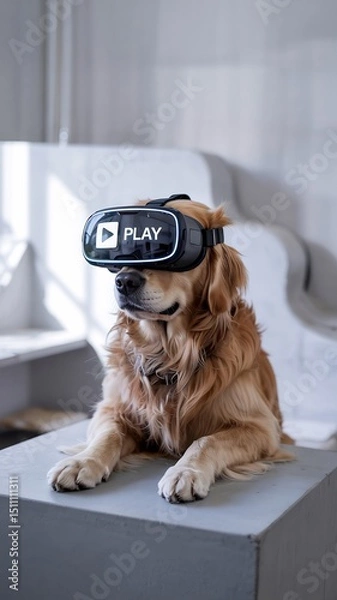 Obraz golden retriever dog wearing a vr headset with the word play on the front of it indoors