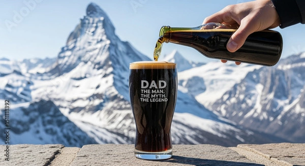 Fototapeta Beer pouring into glass with mountain view background showcasing craft beer