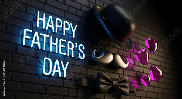 Fototapeta Father's Day decorations featuring happy neon signs a bow tie mustache and hat on a black wall