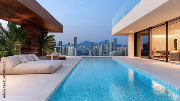 Fototapeta Luxurious infinity pool overlooking vibrant city skyline at dusk, creating serene atmosphere
