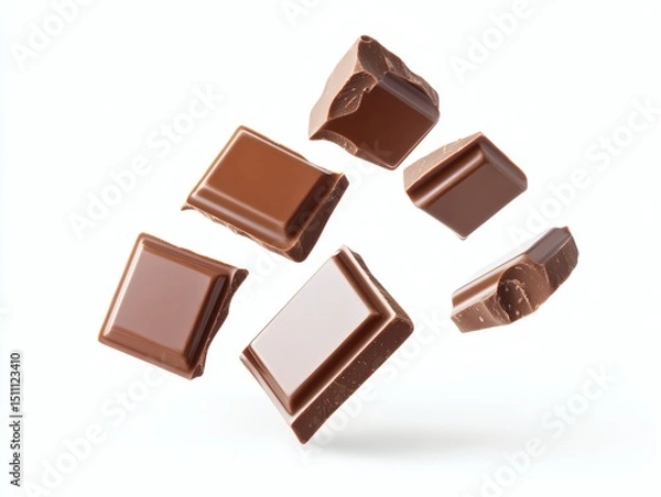 Fototapeta Levitating dark chocolate chunks isolated on white background. Broken chocolate bar pieces flying and cocoa crumbs explotion. Chocolate flakes and chips Top view. Flat lay.