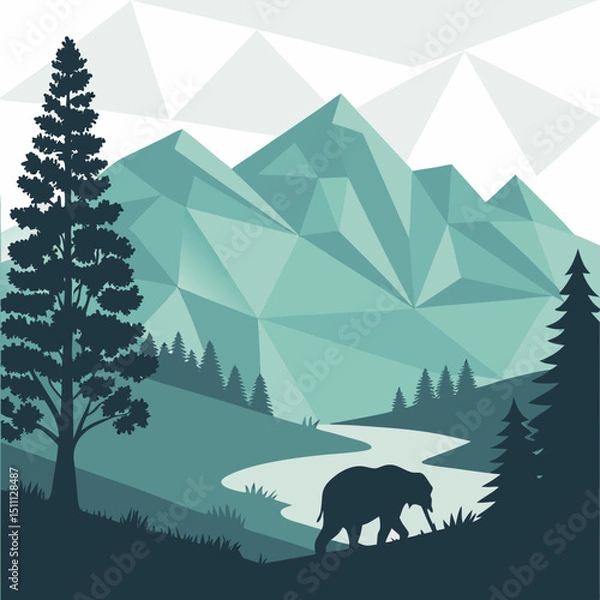 Fototapeta Illustration of a landscape with mountains, trees, a river, and an elephant silhouette under a geometric sky