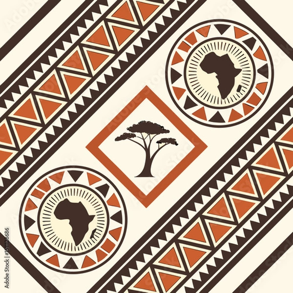 Fototapeta African themed pattern with continent silhouettes, geometric borders, and a tree in a diamond shape design