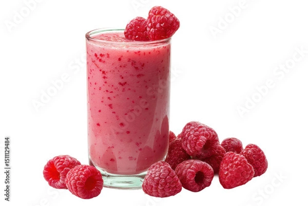 Fototapeta PNG Refreshing raspberry smoothie in a glass with fresh raspberries on the side
