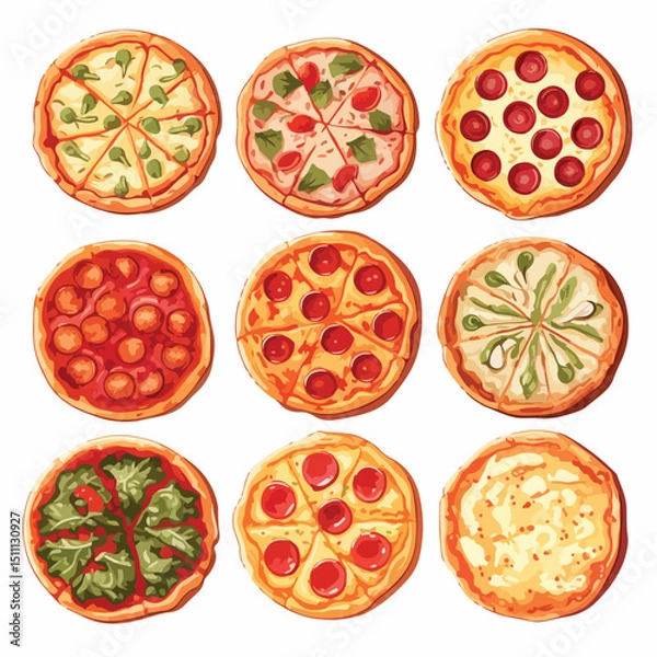 Fototapeta Set of Nine Italian Pizza Icons Vector Illustration for Pizzerias and Menus