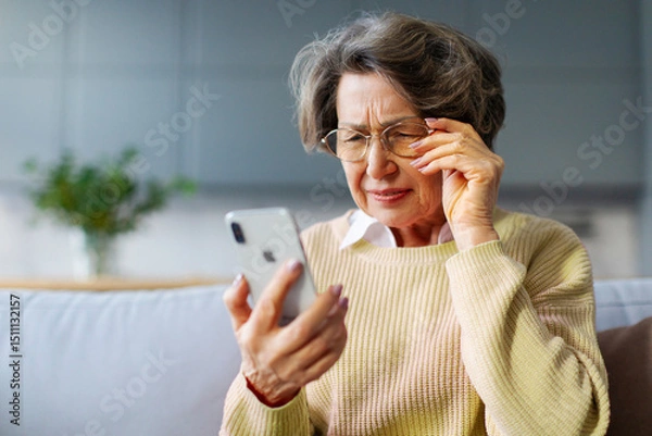 Fototapeta Frustrated senior retired woman in glasses getting problems with smartphone, trouble with online connection, reading bad news, sitting on couch