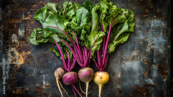 Fototapeta Fresh colorful beets with greens on rustic background.