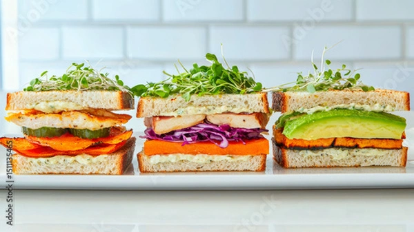 Fototapeta Assorted gourmet sandwiches with vegetables and microgreens on white background.