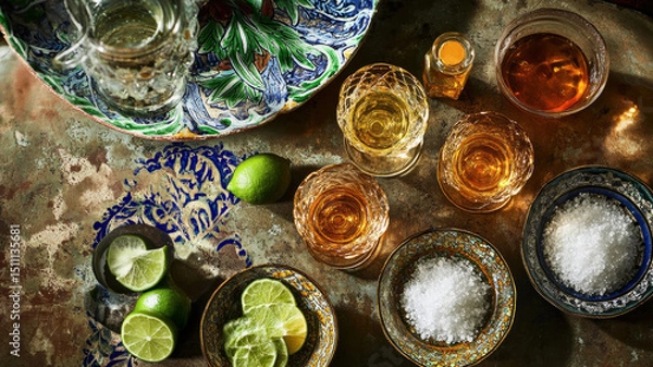 Fototapeta Top view of Mexican tequila tasting with lime on a rustic table.