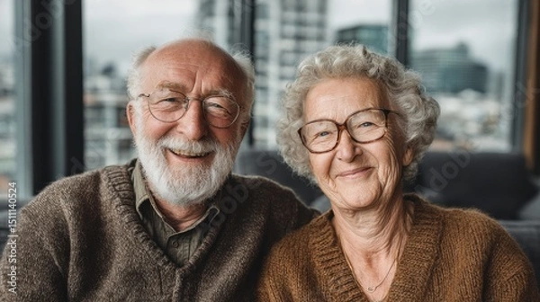 Fototapeta Calm and cheerful seniors enjoying time in clean modern apartment 