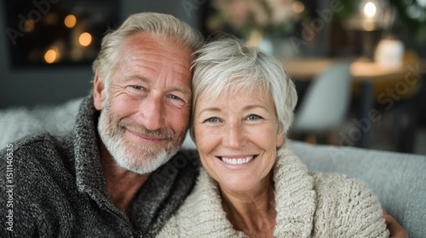 Fototapeta Bright and modern home with elderly couple looking happy and content 