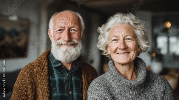 Fototapeta Bright and modern home with elderly couple looking happy and content 