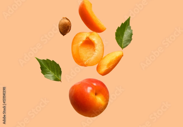 Obraz Flying fresh apricot with pieces and leaves on orange background