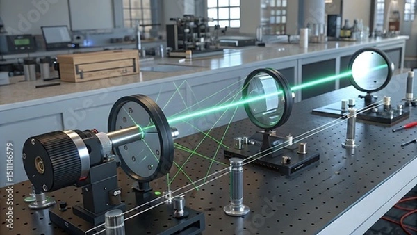 Fototapeta Green laser light demonstration in a physics laboratory setup