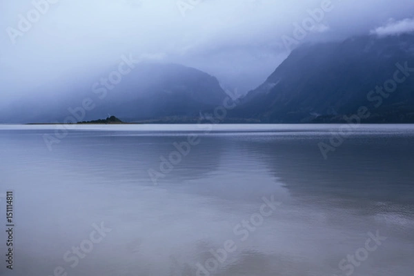 Obraz Calm Water on Rainy Day in Alaska with Misty Mountains