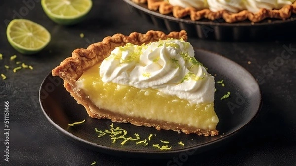 Fototapeta Key lime pie slice with whipped cream and lime zest plated on dark background to highlight citrus tones American dessert from Florida overlay cut out on isolated transparent removed background