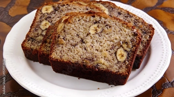 Fototapeta Moist banana bread slices served on white plate classic American baked treat in top down view overlay cut out on isolated transparent removed background