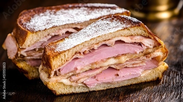 Fototapeta Monte Cristo sandwich with ham turkey and powdered sugar sliced on diagonal and placed on dark wood backdrop American diner specialty overlay cut out on isolated transparent removed background