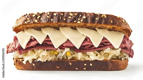 Fototapeta Reuben sandwich with corned beef sauerkraut Swiss cheese and rye bread flat lay style USA overlay cut out on isolated transparent removed background