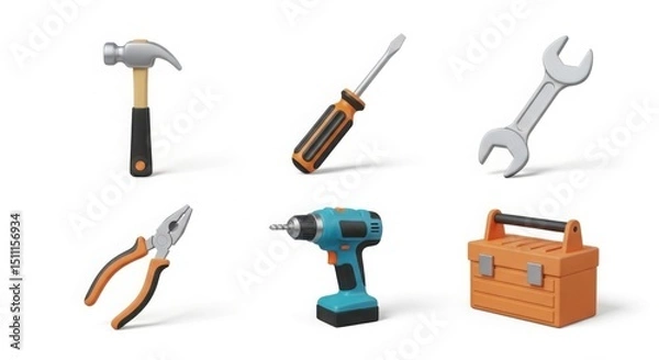 Obraz A set of 6 3D icons of basic tools such as hammer, screwdriver, wrench, pliers, drill, and toolbox, isolated on white background, soft shadows, minimalist style
