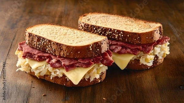 Fototapeta Reuben sandwich with corned beef sauerkraut Swiss cheese and rye bread flat lay style USA overlay cut out on isolated transparent removed background