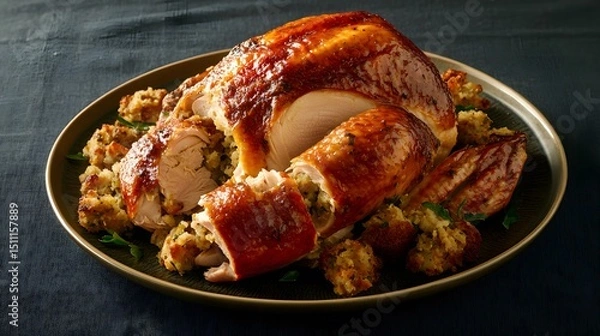 Fototapeta Roasted turkey with stuffing on ceramic plate with dark tablecloth background American holiday main course from the United States overlay cut out on isolated transparent removed background