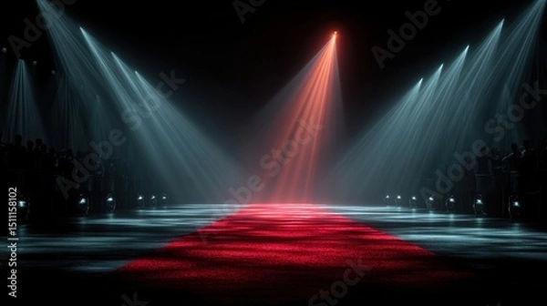 Fototapeta Award show style stage with red carpet and glowing spotlight 