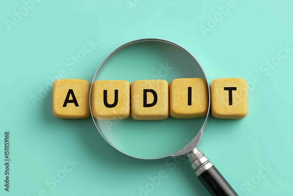 Fototapeta Audit wording with magnifier glass as symbol of quality control assurance and ISO concept