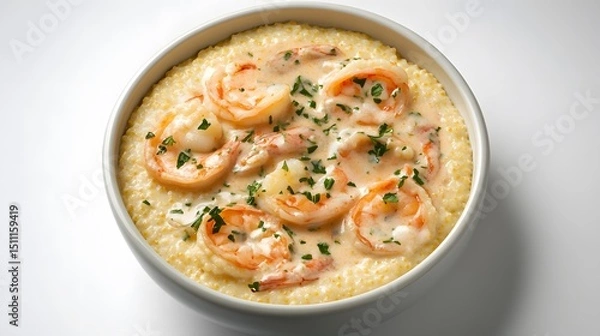 Fototapeta Shrimp and grits with creamy texture plated in bowl and captured top down on white background classic Southern USA food overlay cut out on isolated transparent removed background