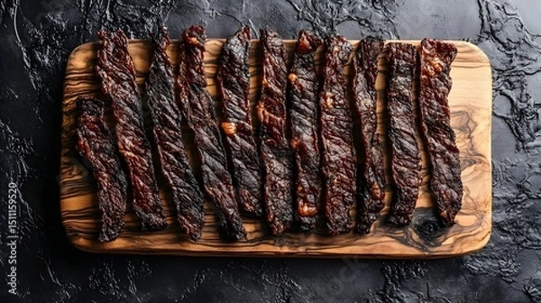 Fototapeta Smoked beef jerky strips arranged on wooden board with black textured background rugged snack from the United States overlay cut out on isolated transparent removed background