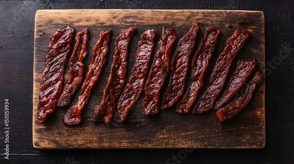 Fototapeta Smoked beef jerky strips arranged on wooden board with black textured background rugged snack from the United States overlay cut out on isolated transparent removed background