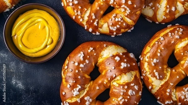 Fototapeta Soft pretzels with salt flakes placed on dark background with dipping mustard iconic USA stadium snack overlay cut out on isolated transparent removed background