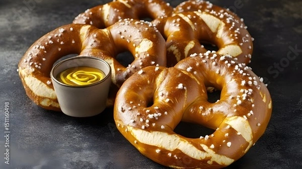 Fototapeta Soft pretzels with salt flakes placed on dark background with dipping mustard iconic USA stadium snack overlay cut out on isolated transparent removed background