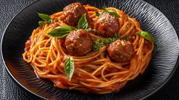 Fototapeta Spaghetti and meatballs in tomato sauce plated Italian American style on dark textured plate with garnished herbs USA fusion dish overlay cut out on isolated transparent removed background