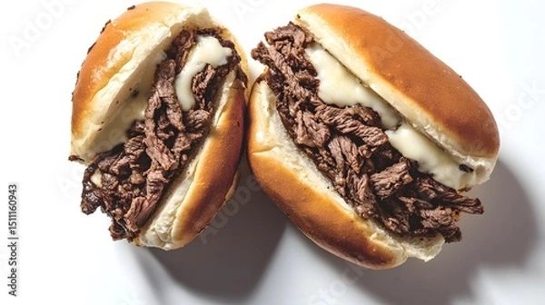 Fototapeta Philly cheesesteak sandwich sliced open to reveal beef and cheese overhead image on white background USA origin overlay cut out on isolated transparent removed background