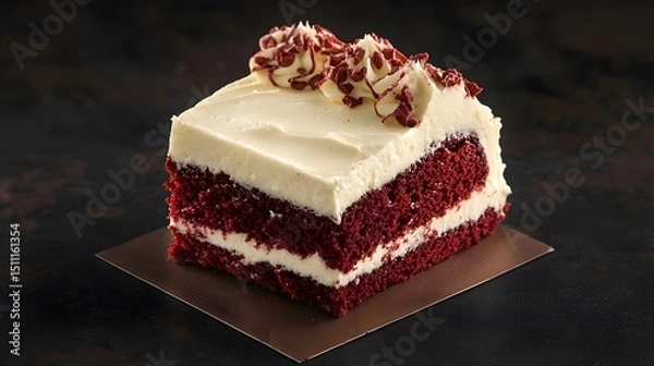 Fototapeta Red velvet cake slice with cream cheese frosting served in regular view on dark background iconic USA dessert overlay cut out on isolated transparent removed background