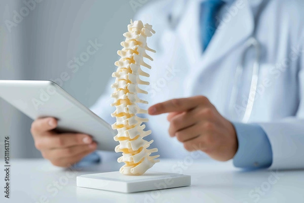 Fototapeta orthopedist holding a digital tablet in one hand and pointing at a spine model with the other explaining concepts of osteoporosis lumbar pain and chiropract