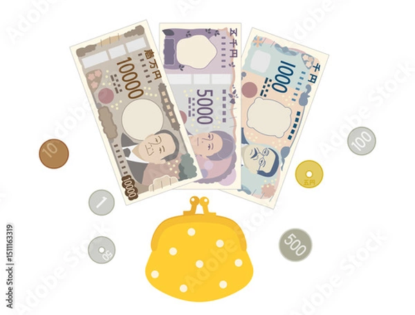 Obraz 新札と硬貨とがま口財布のお金や家計をイメージしたイラスト
