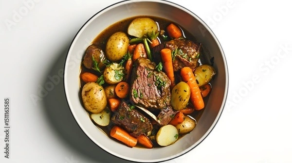 Fototapeta Tender pot roast with vegetables like carrots and potatoes arranged in bowl from overhead on white background USA overlay cut out on isolated transparent removed background