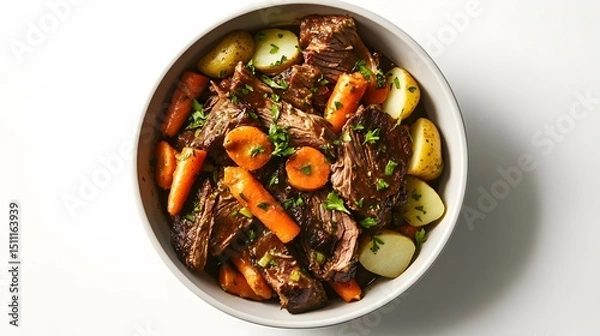 Fototapeta Tender pot roast with vegetables like carrots and potatoes arranged in bowl from overhead on white background USA overlay cut out on isolated transparent removed background