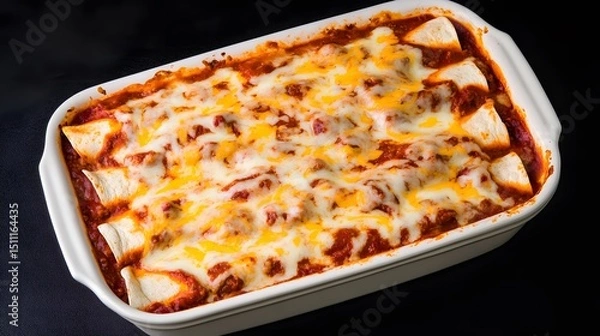 Fototapeta Tex Mex enchiladas covered in cheese and sauce served in casserole dish on black background spicy American fusion food overlay cut out on isolated transparent removed background
