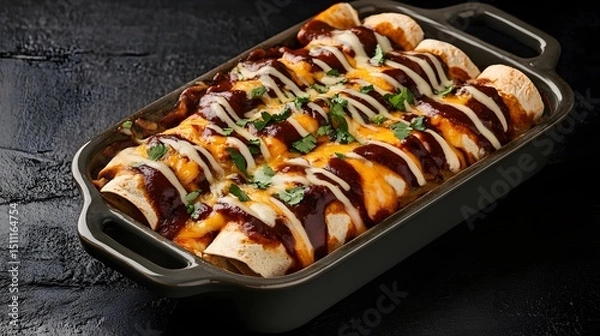 Fototapeta Tex Mex enchiladas covered in cheese and sauce served in casserole dish on black background spicy American fusion food overlay cut out on isolated transparent removed background