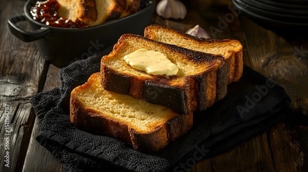 Fototapeta Thick slices of Texas toast buttered and toasted resting on dark kitchen towel on rustic background American BBQ side overlay cut out on isolated transparent removed background